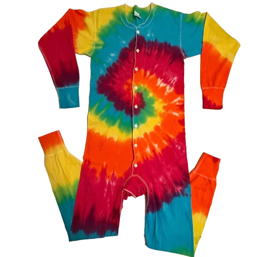 Vintage New Tie Dye Union Suit Long John Pajamas Button Flap 34" Chest